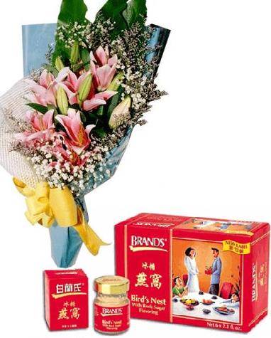 Bouquet of 5 lily stem, a box of birdnest 6 jars (ID: HV-M-4017) 