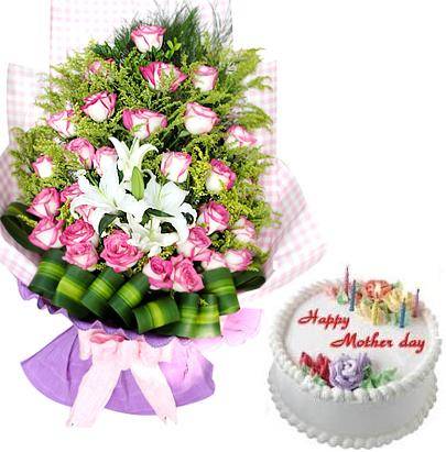 Bouquet of 24 roses and 2 lily stems, a cream cake (ID: HV-M-4018) 