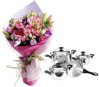 Bouquet of 2 lily stems, carnations, and other flowers, a Happy Cook Pan set (ID: HV-M-4021) 