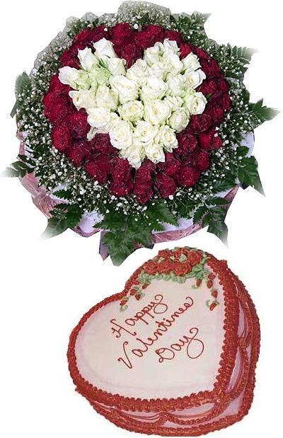 99 red and white roses bouquet and a cream cake 20cm (ID: HV-NH-L-348) 