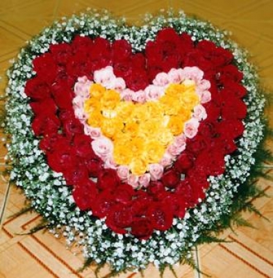 HV-NH-L-388 - 100 hoa hồng đỏ, hồng và vàng hình trái tim (ID: HV-NH-L-388) 